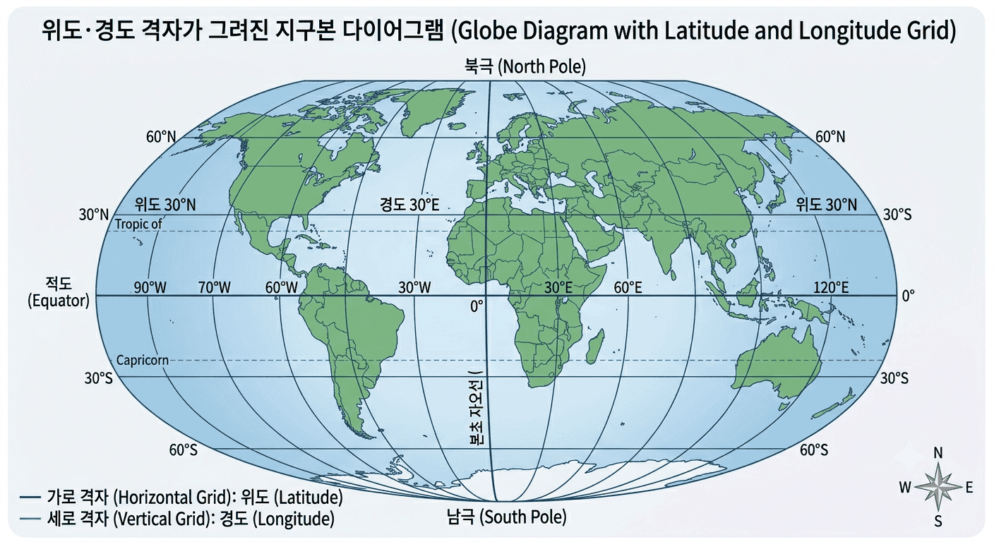 위도와 경도, 그리고 도분초 — 숫자 두 개로 지구의 한 점을 찍기까지 이미지