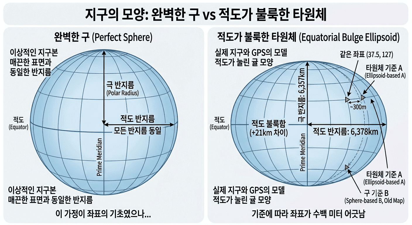 지구의 진짜 모양 — 같은 좌표가 수백 미터 어긋나는 이유 이미지