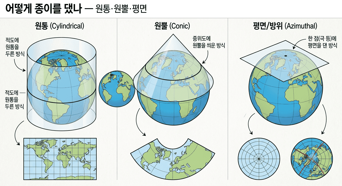 지도 투영법 총정리 — 완벽한 세계지도가 불가능한 이유 이미지