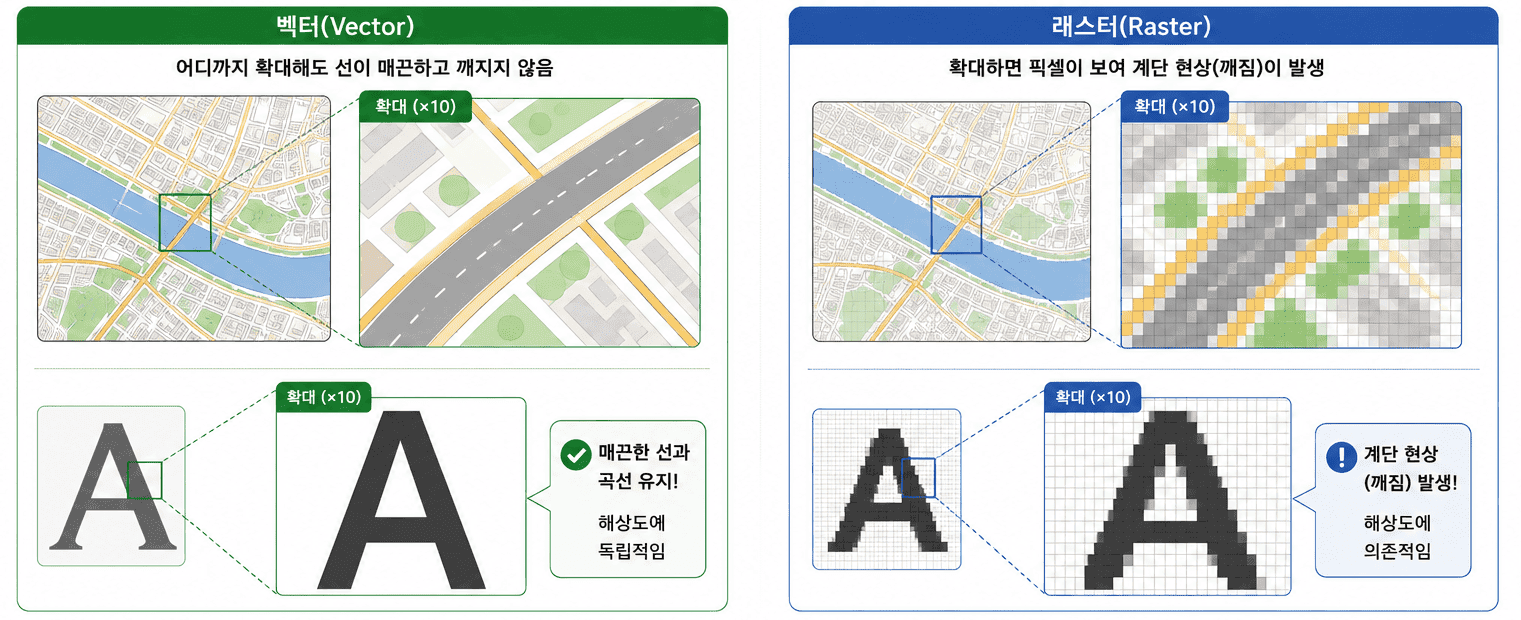 왜 지도는 아무리 확대해도 글자가 안 깨질까 — 벡터와 래스터, GIS 데이터의 두 얼굴 이미지