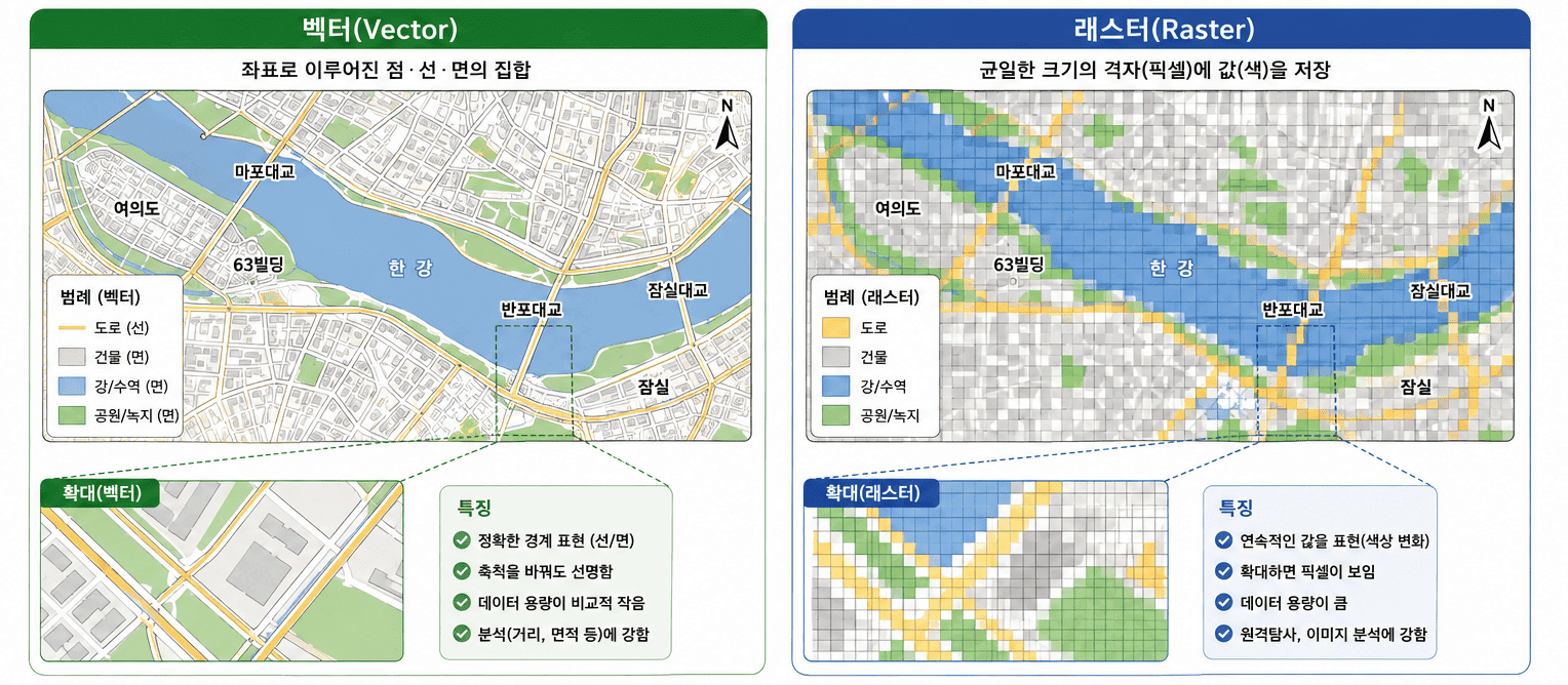 왜 지도는 아무리 확대해도 글자가 안 깨질까 — 벡터와 래스터, GIS 데이터의 두 얼굴 이미지